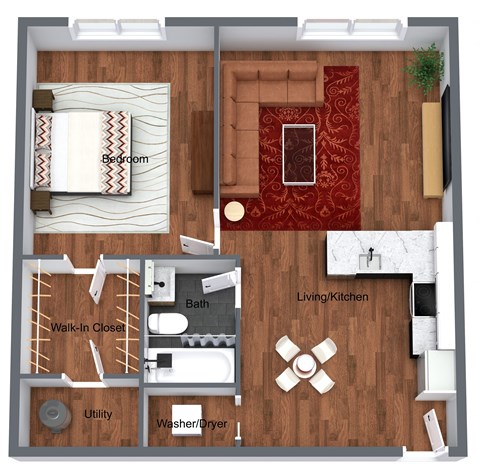 Floor plan for 1 bed, 1 bath, 680 sqft
